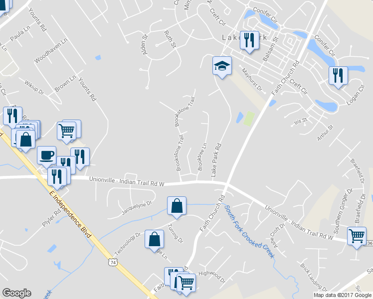 map of restaurants, bars, coffee shops, grocery stores, and more near 3319 Hard Rock Court in Indian Trail