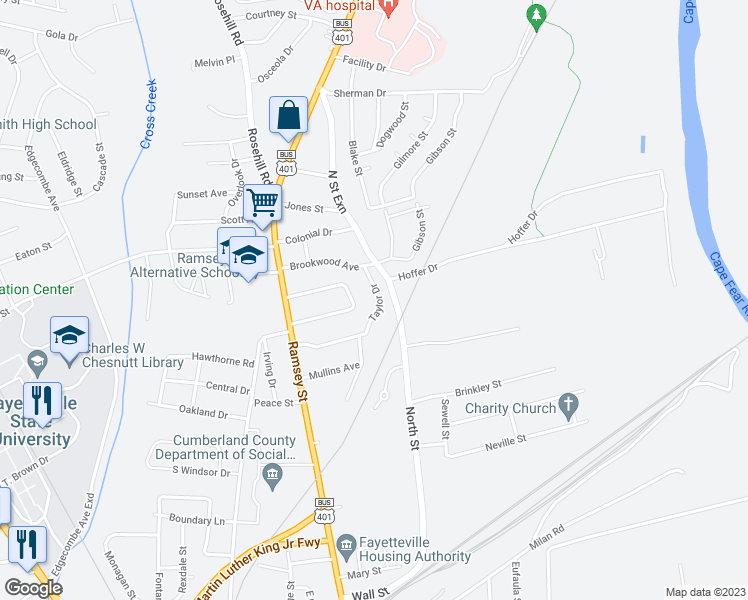 map of restaurants, bars, coffee shops, grocery stores, and more near 1341 Taylor Drive in Fayetteville