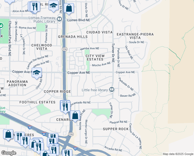 map of restaurants, bars, coffee shops, grocery stores, and more near 768 Jewel Place Northeast in Albuquerque