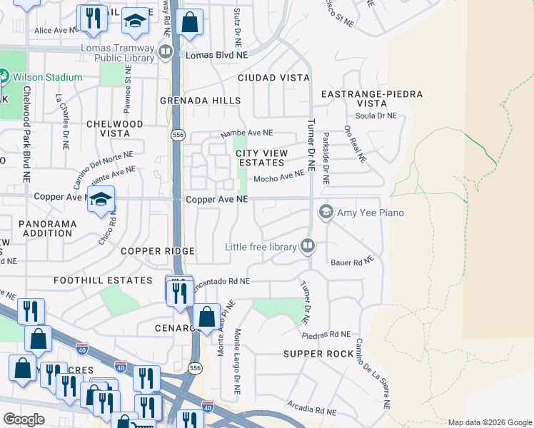 map of restaurants, bars, coffee shops, grocery stores, and more near 768 Jewel Place Northeast in Albuquerque
