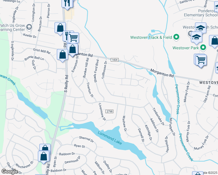 map of restaurants, bars, coffee shops, grocery stores, and more near 7144 Tollhouse Drive in Fayetteville