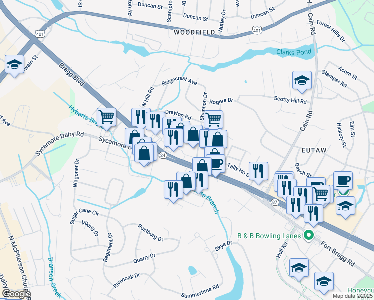 map of restaurants, bars, coffee shops, grocery stores, and more near 3446 1/2 Bragg Boulevard in Fayetteville