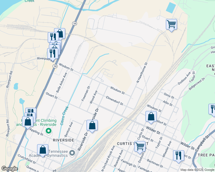 map of restaurants, bars, coffee shops, grocery stores, and more near 1498 Wisdom Street in Chattanooga