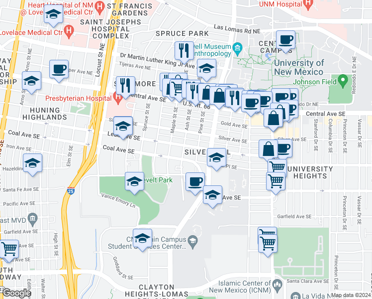 map of restaurants, bars, coffee shops, grocery stores, and more near 406 Ash Street Southeast in Albuquerque
