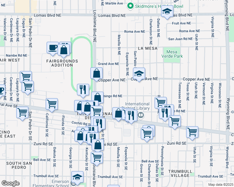 map of restaurants, bars, coffee shops, grocery stores, and more near 224 Chama Street Northeast in Albuquerque