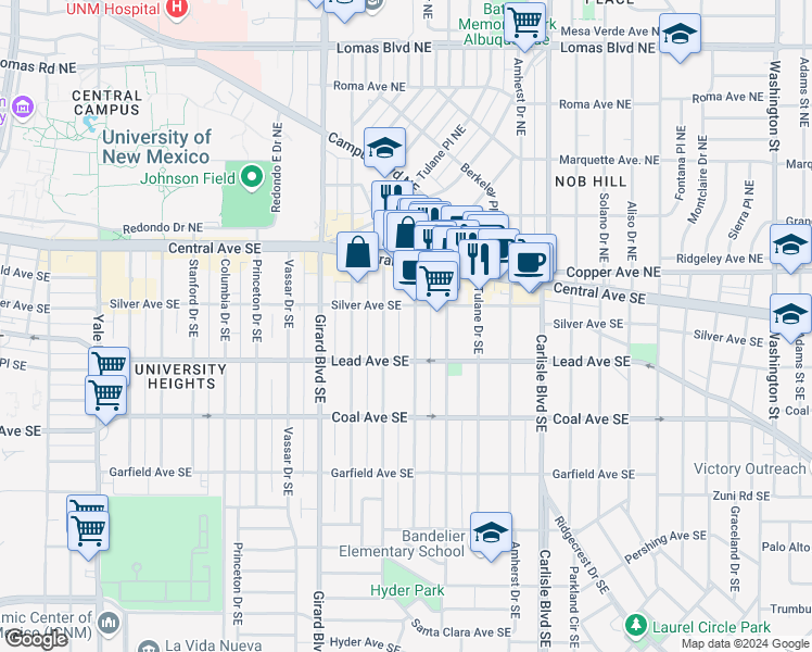 map of restaurants, bars, coffee shops, grocery stores, and more near 202 Bryn Mawr Drive Southeast in Albuquerque