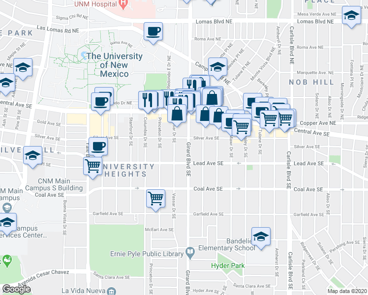 map of restaurants, bars, coffee shops, grocery stores, and more near 2810 Silver Avenue Southeast in Albuquerque