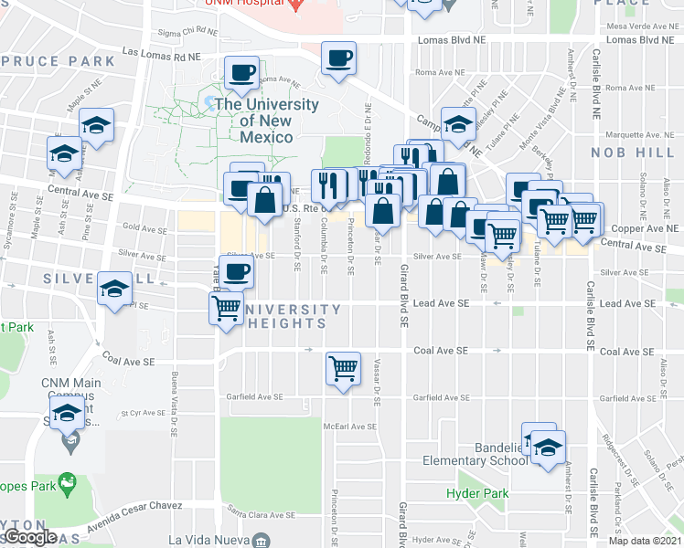 map of restaurants, bars, coffee shops, grocery stores, and more near 200 Princeton Drive Southeast in Albuquerque