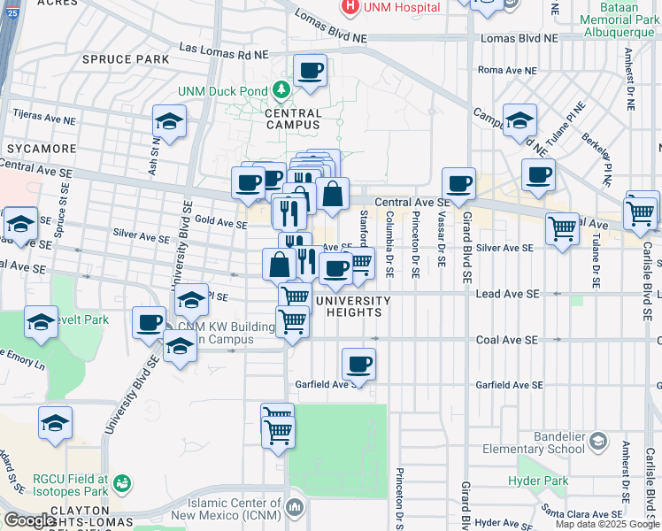 map of restaurants, bars, coffee shops, grocery stores, and more near 2312 Silver Avenue Southeast in Albuquerque