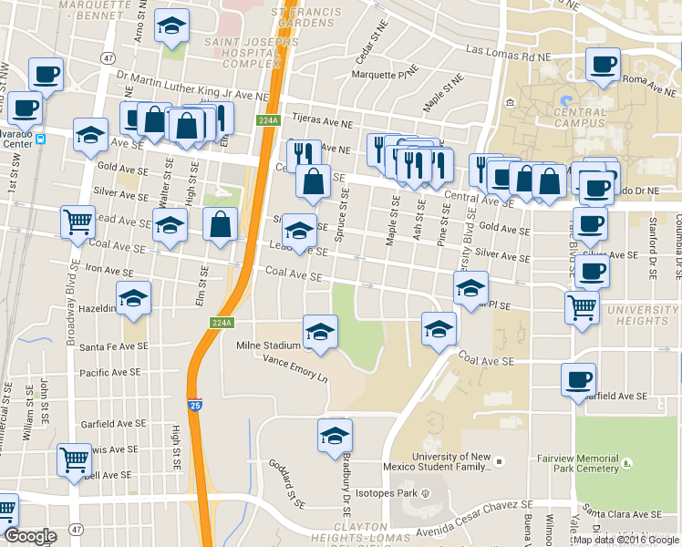 map of restaurants, bars, coffee shops, grocery stores, and more near 1212 Lead Avenue Southeast in Albuquerque