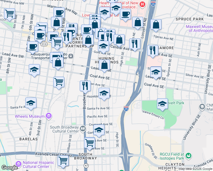 map of restaurants, bars, coffee shops, grocery stores, and more near 504 Edith Boulevard Southeast in Albuquerque