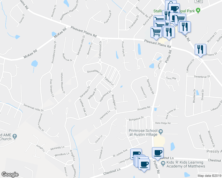 map of restaurants, bars, coffee shops, grocery stores, and more near 1029 Woodglen Lane in Stallings