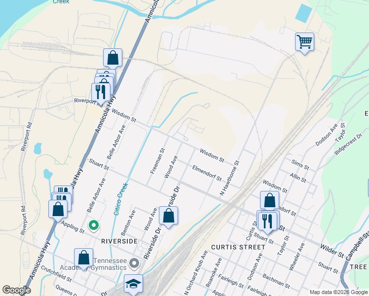 map of restaurants, bars, coffee shops, grocery stores, and more near 1403 Wisdom Street in Chattanooga