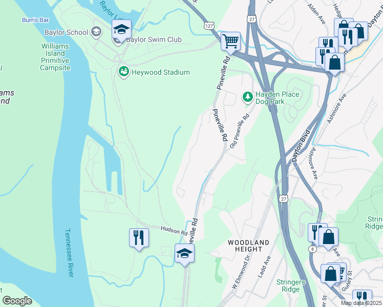 map of restaurants, bars, coffee shops, grocery stores, and more near 1175 Pineville Road in Chattanooga