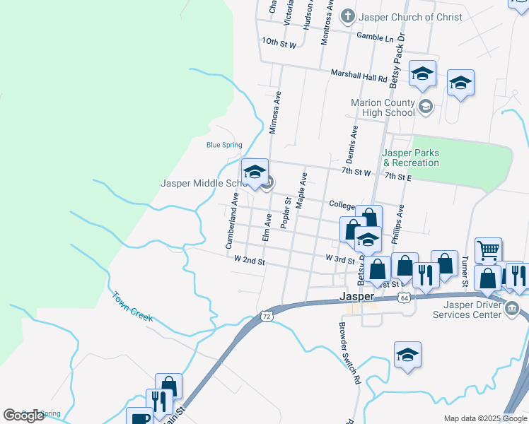 map of restaurants, bars, coffee shops, grocery stores, and more near 405 West 5th Street in Jasper