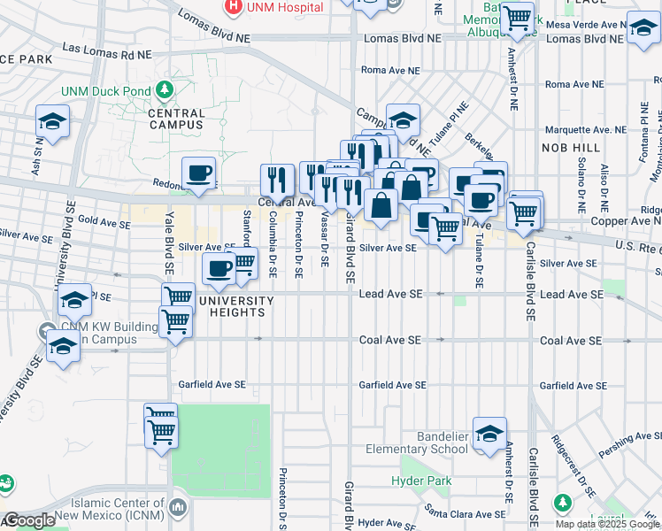 map of restaurants, bars, coffee shops, grocery stores, and more near 210 Vassar Drive Southeast in Albuquerque
