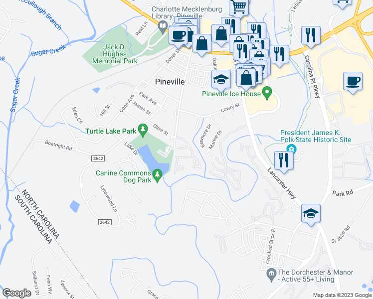 map of restaurants, bars, coffee shops, grocery stores, and more near 915 Sparrows Nest Lane in Pineville