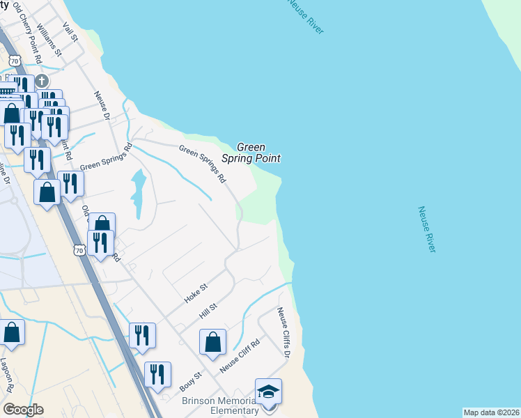 map of restaurants, bars, coffee shops, grocery stores, and more near 1400 Green Springs Road in New Bern