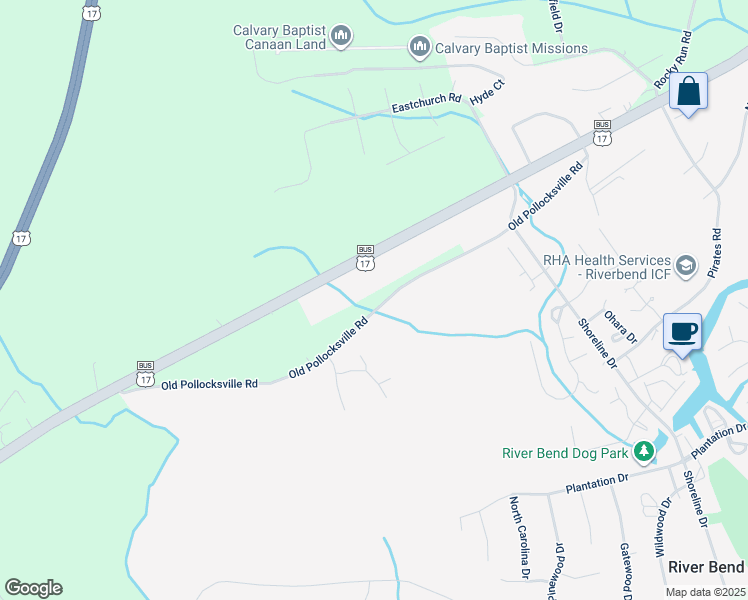 map of restaurants, bars, coffee shops, grocery stores, and more near 418 Old Pollocksville Road in New Bern