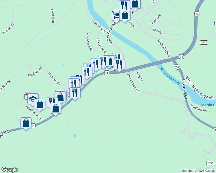 map of restaurants, bars, coffee shops, grocery stores, and more near 6 Skyline Drive in Murphy
