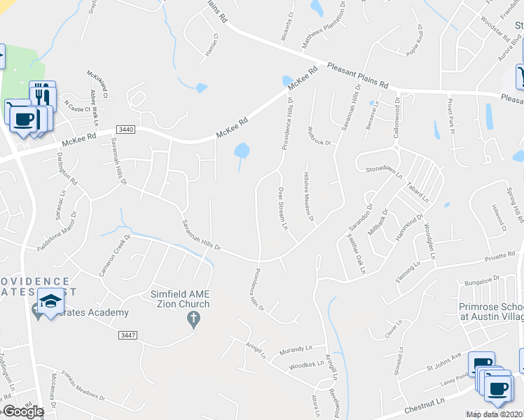 map of restaurants, bars, coffee shops, grocery stores, and more near 2900 Providence Hills Drive in Matthews