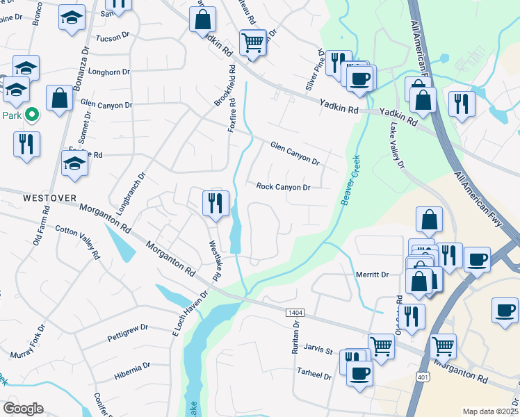 map of restaurants, bars, coffee shops, grocery stores, and more near 250 Waterdown Drive in Fayetteville