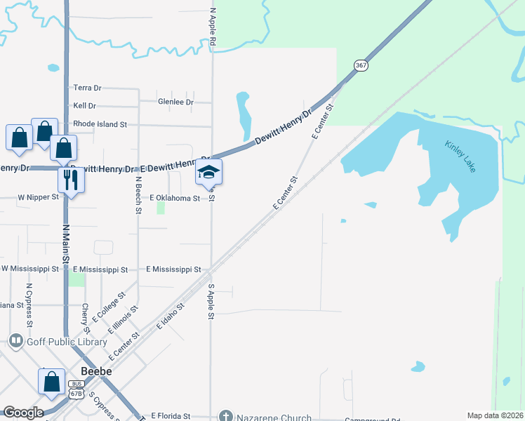 map of restaurants, bars, coffee shops, grocery stores, and more near 725 East Center Street in Beebe