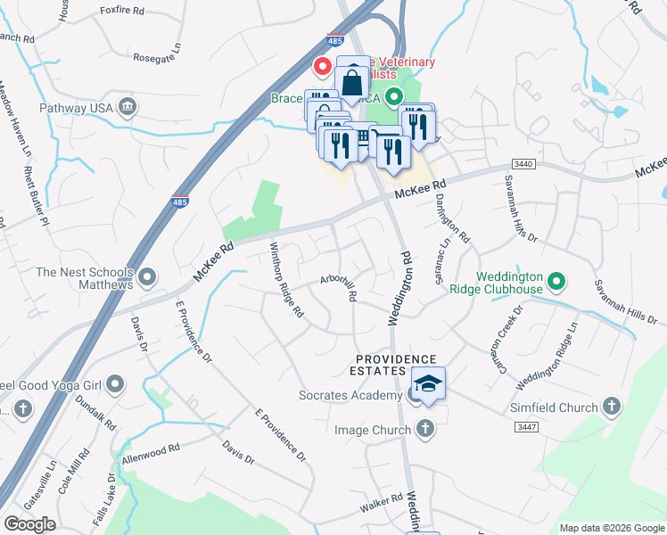 map of restaurants, bars, coffee shops, grocery stores, and more near 3264 Mannington Drive in Charlotte