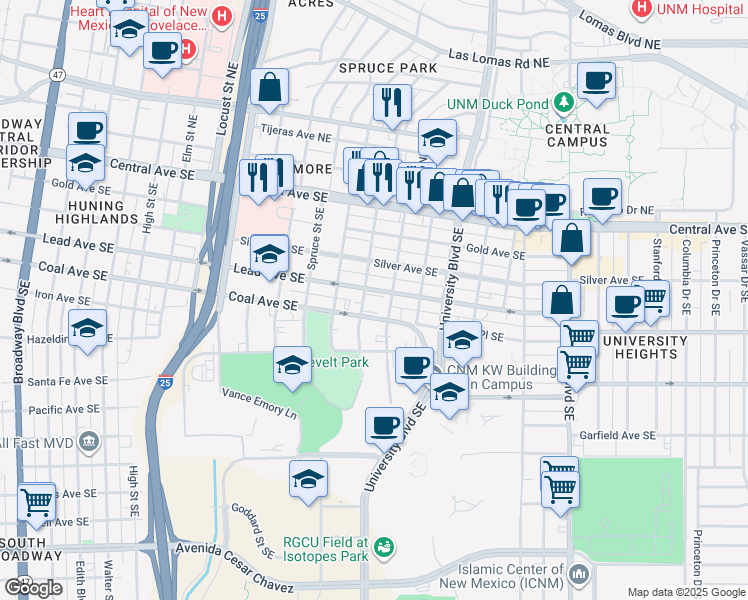 map of restaurants, bars, coffee shops, grocery stores, and more near 408 Maple Street Southeast in Albuquerque