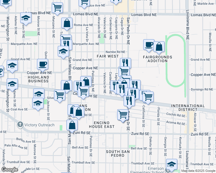 map of restaurants, bars, coffee shops, grocery stores, and more near 201 Valencia Drive Northeast in Albuquerque