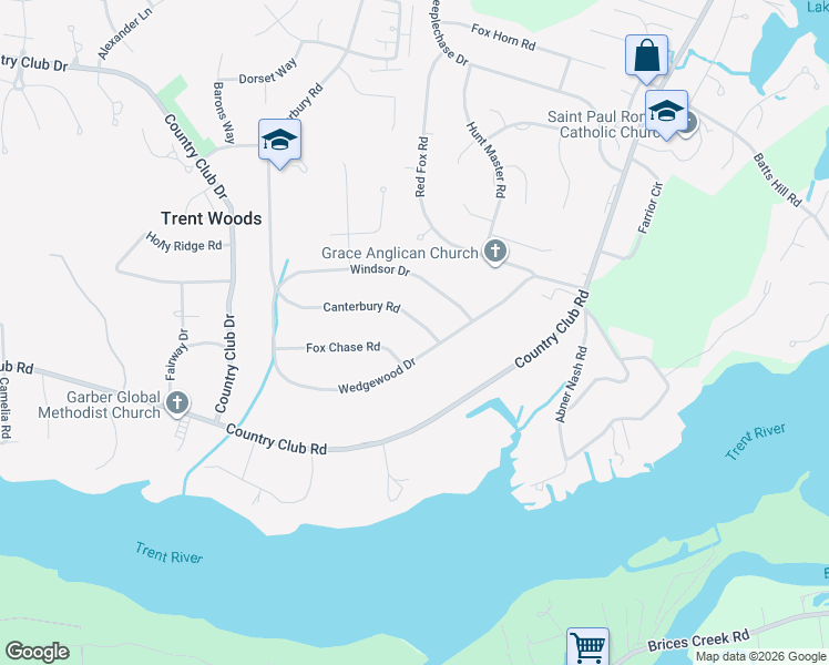map of restaurants, bars, coffee shops, grocery stores, and more near 3514 Canterbury Road in Trent Woods