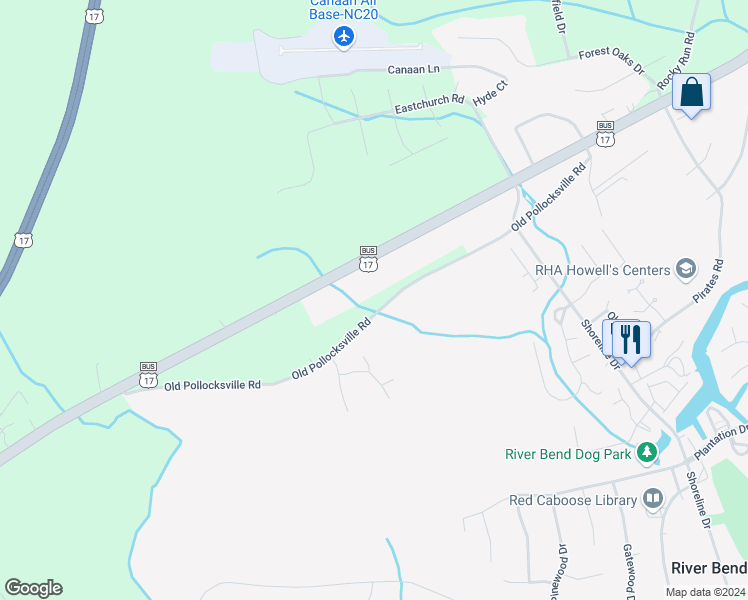map of restaurants, bars, coffee shops, grocery stores, and more near 418 Old Pollocksville Road in New Bern
