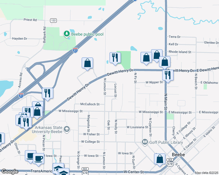 map of restaurants, bars, coffee shops, grocery stores, and more near 605 Pennsylvania Street in Beebe