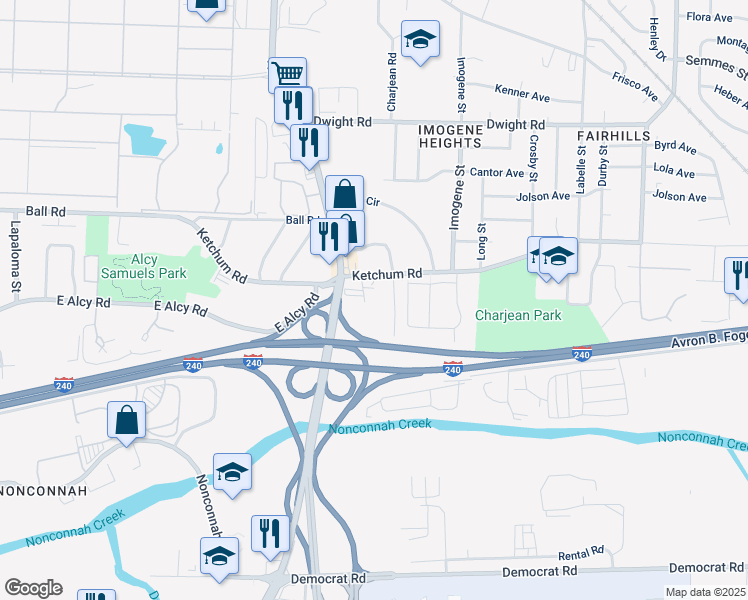 map of restaurants, bars, coffee shops, grocery stores, and more near 2379 Ketchum Road in Memphis
