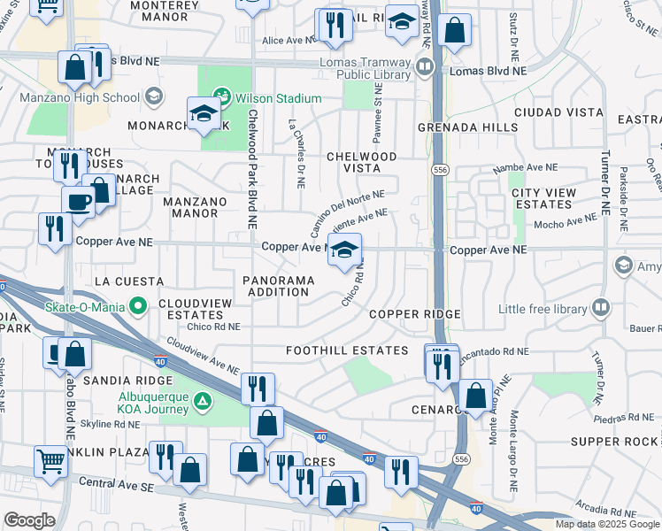 map of restaurants, bars, coffee shops, grocery stores, and more near 12800 Copper Avenue Northeast in Albuquerque