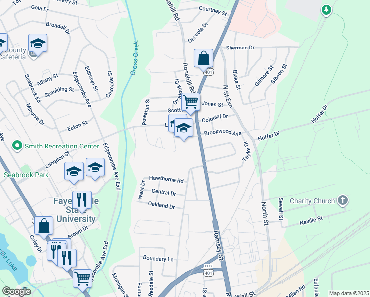 map of restaurants, bars, coffee shops, grocery stores, and more near 117 Quincy Street in Fayetteville