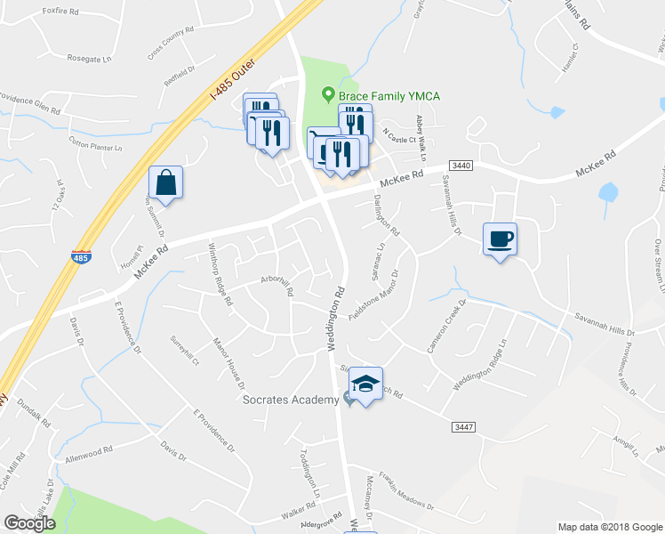 map of restaurants, bars, coffee shops, grocery stores, and more near 2133 Kaybird Lane in Charlotte