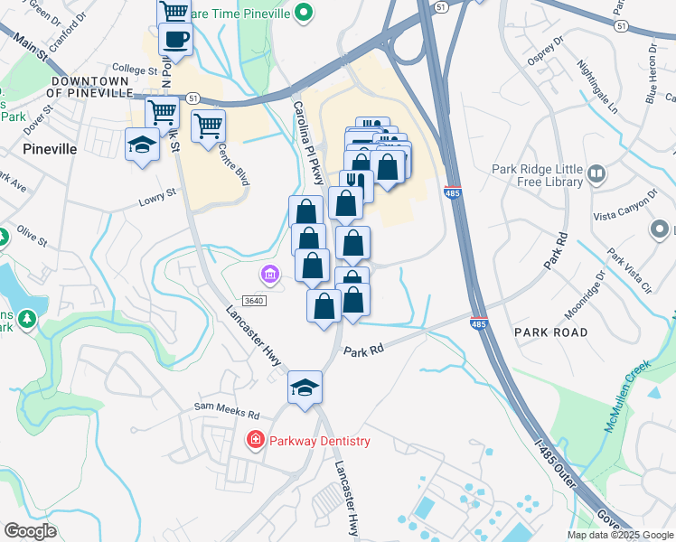 map of restaurants, bars, coffee shops, grocery stores, and more near Carolina Place Parkway in Pineville