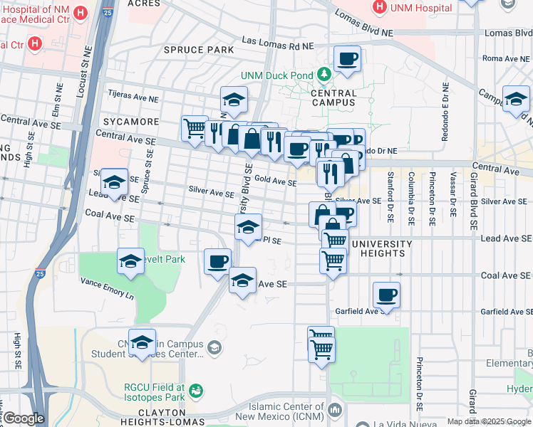 map of restaurants, bars, coffee shops, grocery stores, and more near 316 Mesa Street Southeast in Albuquerque