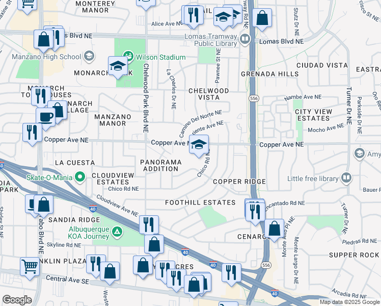 map of restaurants, bars, coffee shops, grocery stores, and more near 12800 Copper Avenue Northeast in Albuquerque