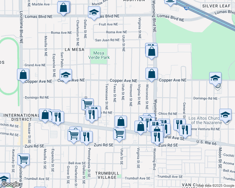 map of restaurants, bars, coffee shops, grocery stores, and more near 324 Texas Street Northeast in Albuquerque
