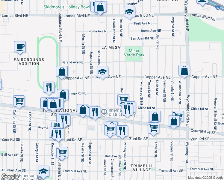 map of restaurants, bars, coffee shops, grocery stores, and more near 320 Grove Street Northeast in Albuquerque