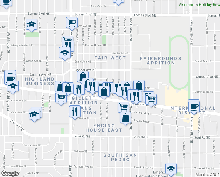 map of restaurants, bars, coffee shops, grocery stores, and more near 201 Valencia Drive Northeast in Albuquerque