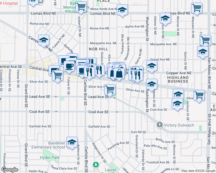 map of restaurants, bars, coffee shops, grocery stores, and more near 3902 Central Avenue Northeast in Albuquerque