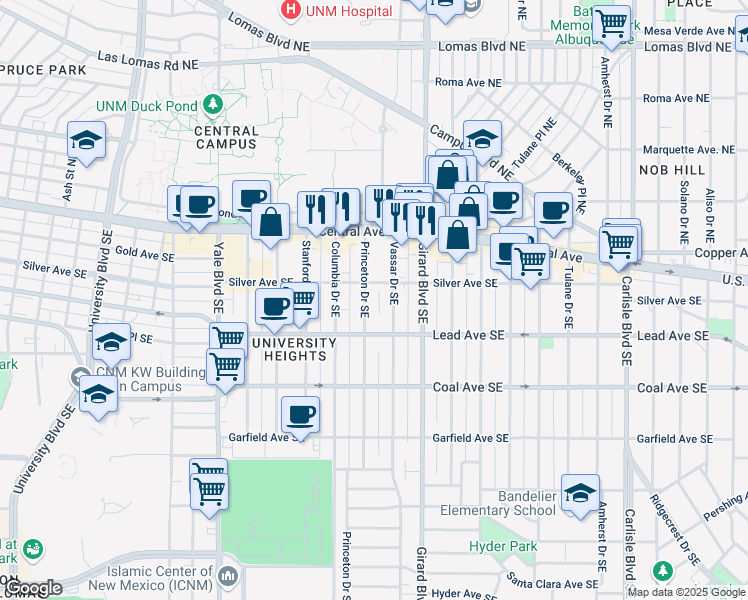 map of restaurants, bars, coffee shops, grocery stores, and more near 200 Princeton Drive Southeast in Albuquerque