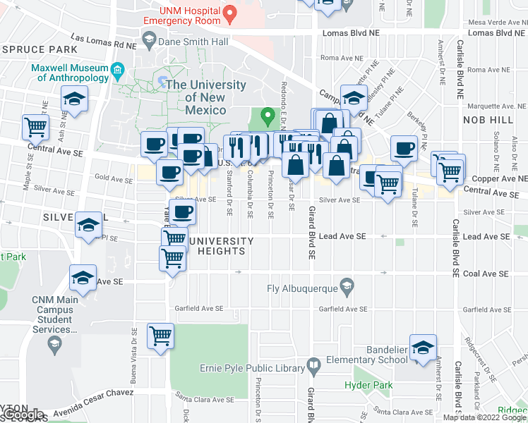 map of restaurants, bars, coffee shops, grocery stores, and more near 200 Princeton Drive Southeast in Albuquerque