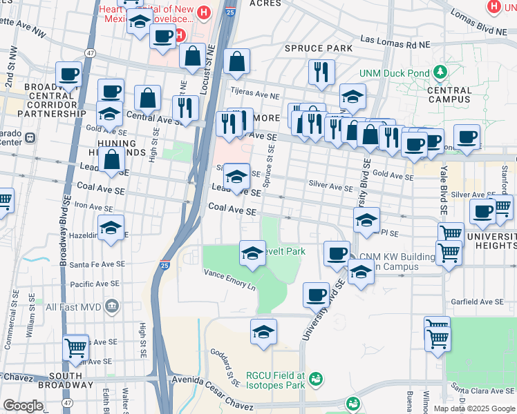 map of restaurants, bars, coffee shops, grocery stores, and more near 1212 Lead Avenue Southeast in Albuquerque