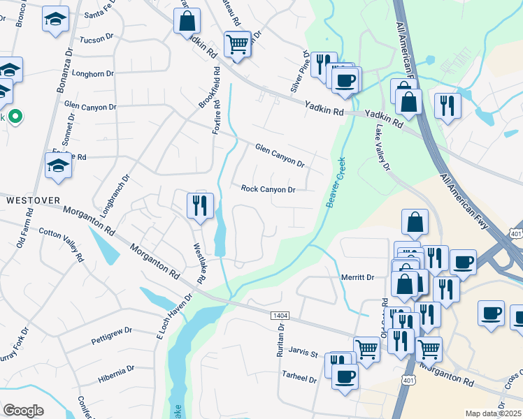 map of restaurants, bars, coffee shops, grocery stores, and more near 267 Waterdown Drive in Fayetteville