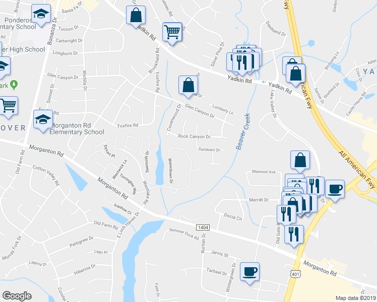 map of restaurants, bars, coffee shops, grocery stores, and more near 259 Waterdown Drive in Fayetteville