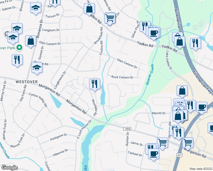 map of restaurants, bars, coffee shops, grocery stores, and more near 241 Waterdown Drive in Fayetteville